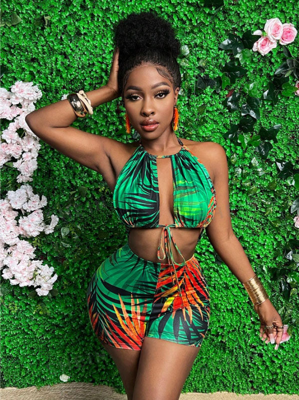 Leaf Print Halter Neck Flared Jumpsuit