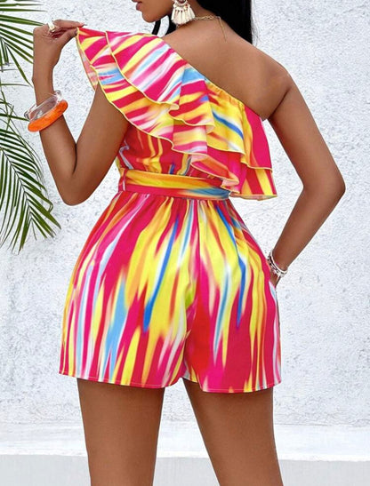 One Shoulder Ruffle Trim Tie-Front Romper