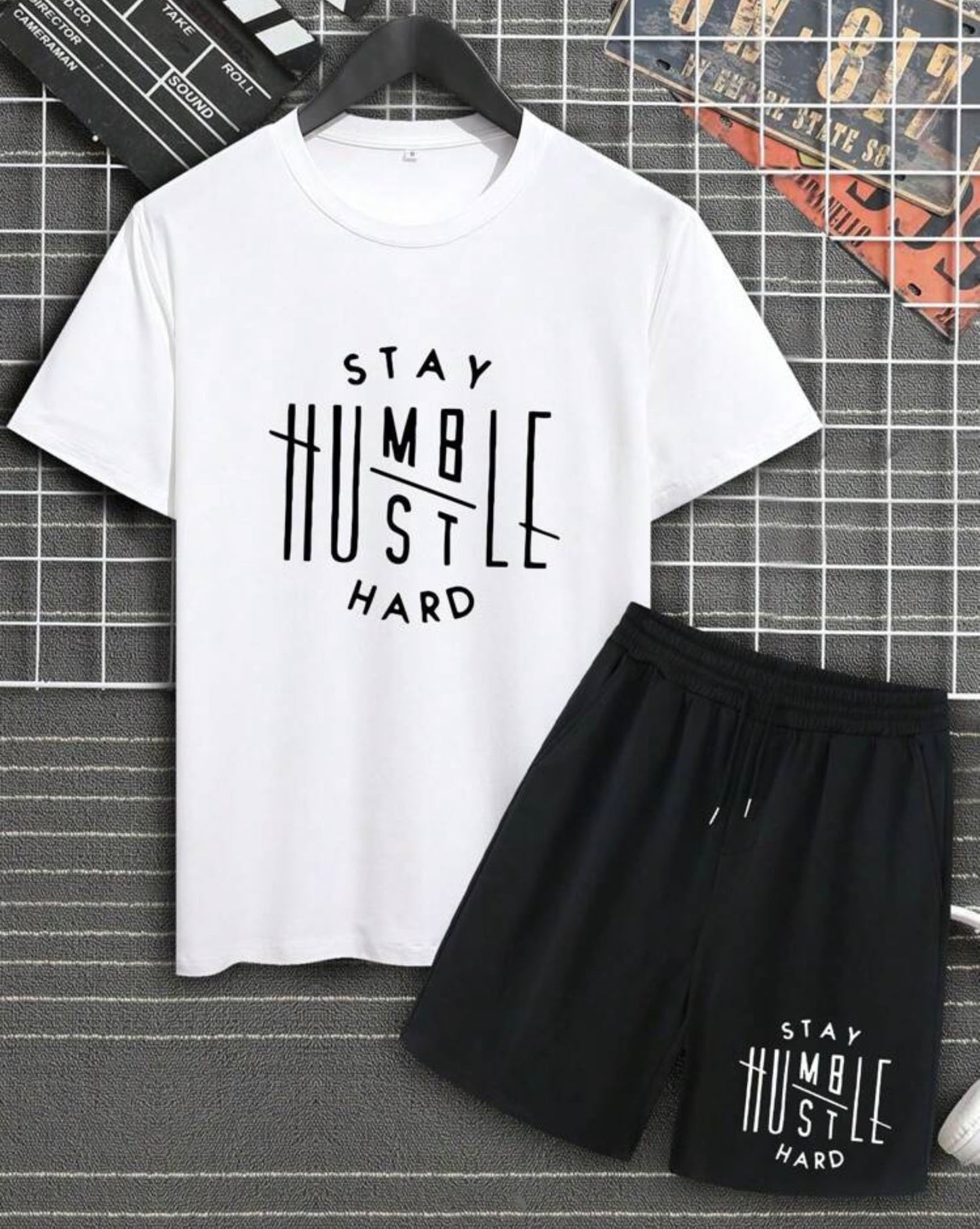 Men's Letter Print T-Shirt And Drawstring Waist Shorts Set