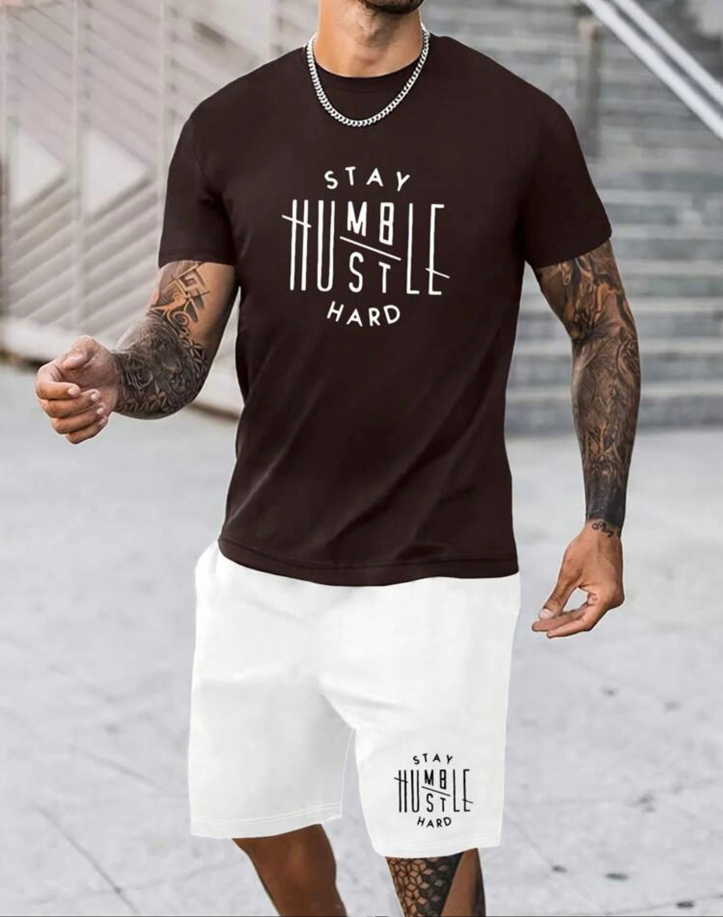 Men's Letter Print T-Shirt And Drawstring Waist Shorts Set